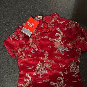 Red Satin Dragon-Embroidered Dress